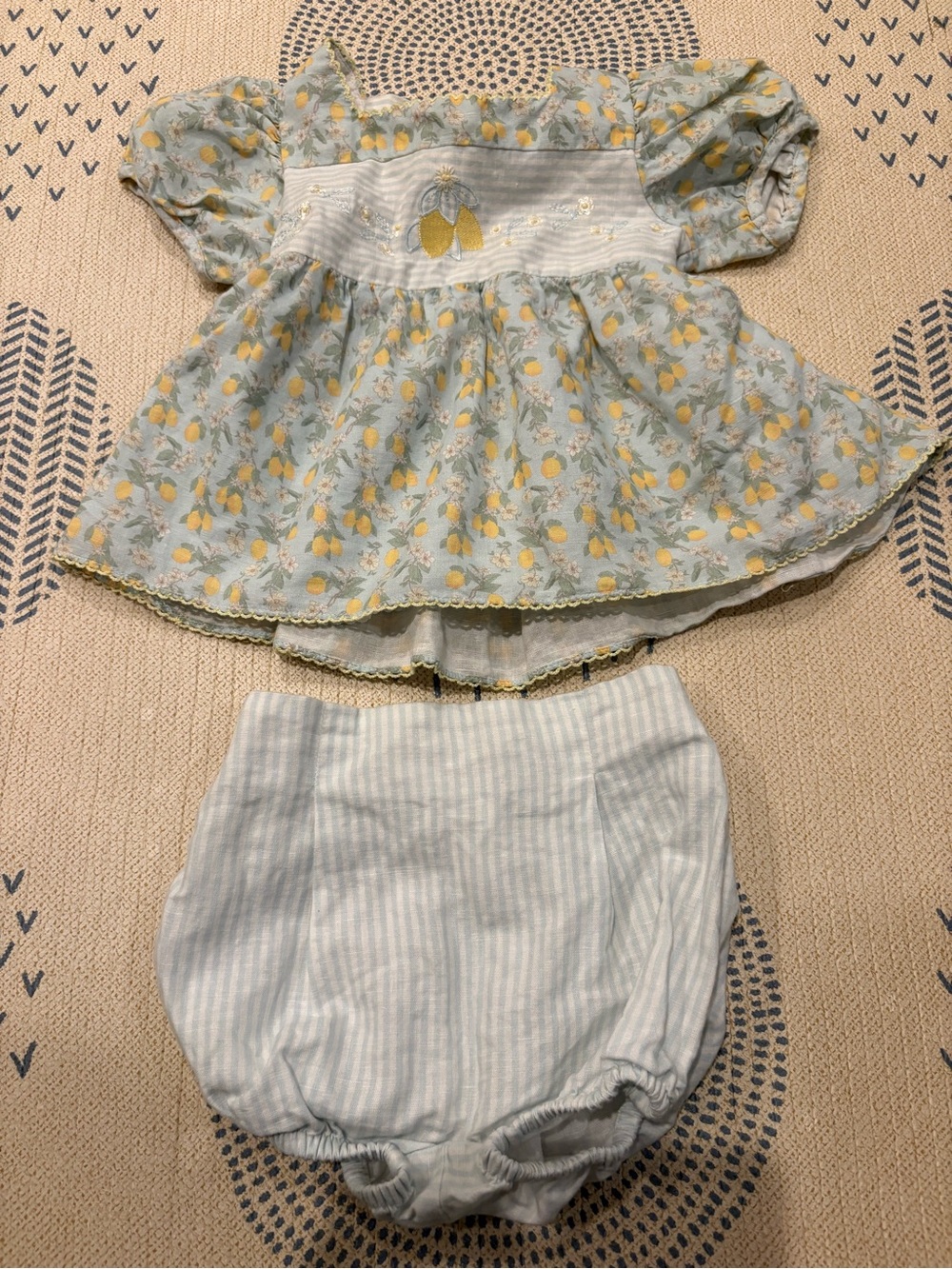 Lemon Print Baby Top & Striped Bloomers Set - Yellow and Light Blue